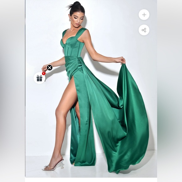 Green High Slit Corset Satin Gown - Picture 4 of 6